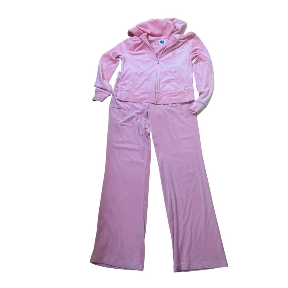Juicy Couture Pink Velour Tracksuit Hoodie and Wide Leg Pants Set Womens Small